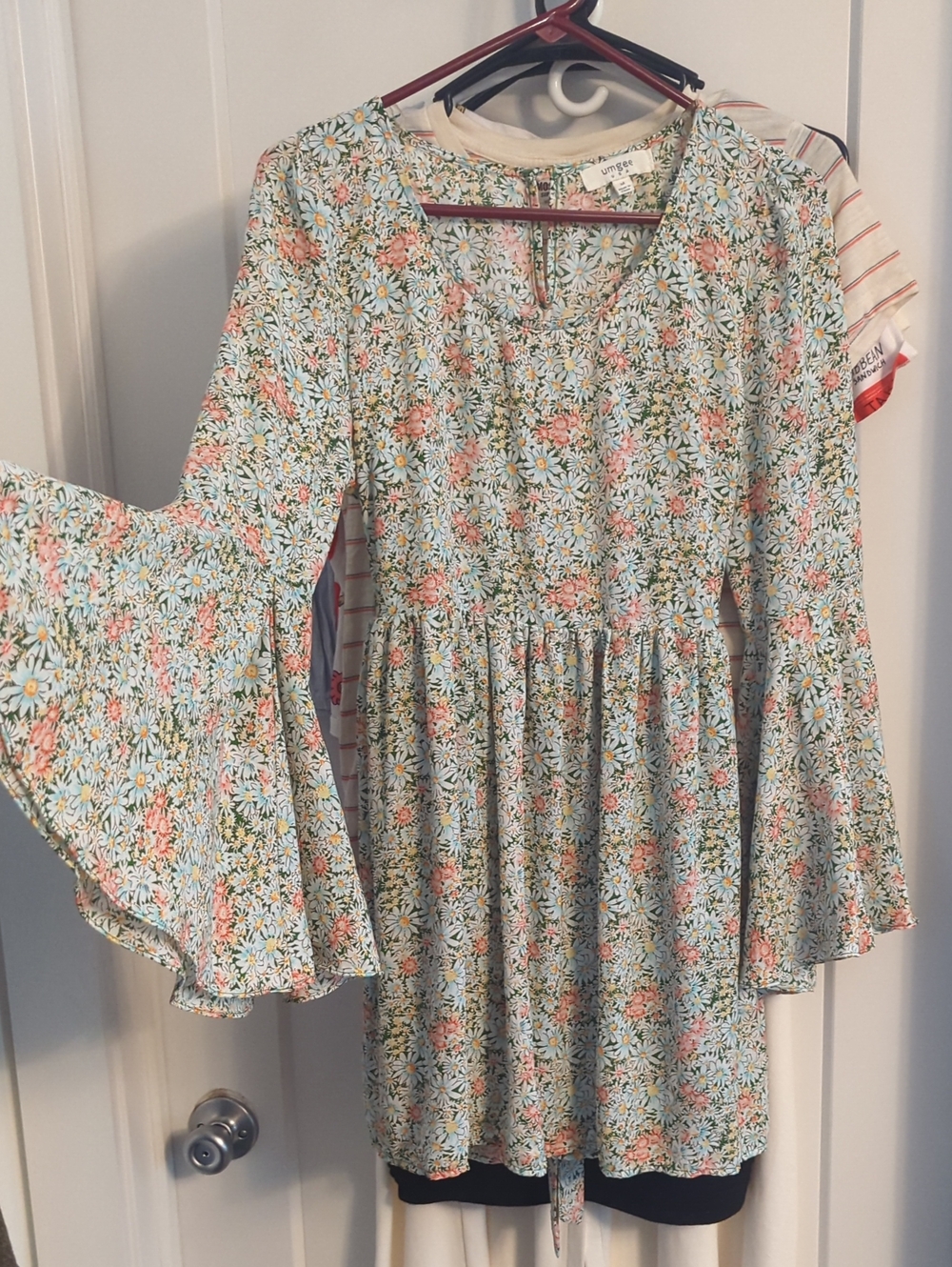 Umgee USA Floral Bell-Sleeve Babydoll Dress - Pink Green Blue Yellow 60s Style M